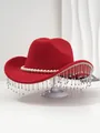 Detailed view of red vintage felt hat featuring a pearl band and sparkling rhinestone tassels - M (56-58cm) / Red