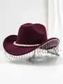 Detailed view of burgundy hat with elegant pearl trim and sparkling rhinestone fringe decoration - M (56-58cm) / Burgundy