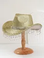Detailaufnahme eines goldenen Y2K-Cowboyhuts mit 3D-Pailletten und Strassfransen - M (56-58cm) / Hellgold