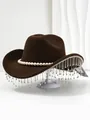 Detail view of brown vintage hat with pearl band and sparkling rhinestone tassels - M (56-58cm) / Dark Coffee