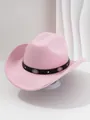 Close-up view of a pink felt cowboy hat featuring a floral studded black leather band - M (56-58cm) / Light Pink