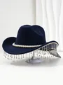 Detail of navy blue fedora hat featuring elegant pearl band and rhinestone tassel fringe - M (56-58cm) / Navy Blue