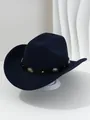 Detailed view of navy blue western cowboy hat with flower-shaped metal studs and wide brim - M (56-58cm) / Navy Blue