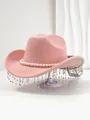 Detailed view of pink wool hat with elegant pearl band and sparkling rhinestone fringe - M (56-58cm) / Coral Pink