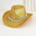 Sombrero de vaquero dorado brillante con banda decorativa de perlas y metal plateado - M (56-58cm) / Dorado