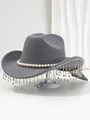 Detail view of a gray wool hat with elegant pearl band and sparkling rhinestone fringe - M (56-58cm) / Gray