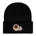 Stylish black winter knit beanie featuring a cute embroidered cartoon capybara character - Adjustable / Lying Capybara Embroidery Style (w115 WH) / Black Style 1