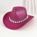 Sombrero vaquero del oeste magenta brillante con banda decorativa de perlas y plata - M (56-58cm) / Rosa rojo