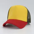 Detailed view of a multicolor mesh trucker hat with yellow panel and red brim. - M (56-58cm) / Red And Yellow