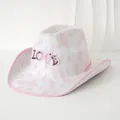 Stylischer Cowboyhut mit rosa Kuhmuster und 'LOVE' Pailletten-Aufnäher für Party - M (56-58cm) / Rosa-Weißes Kuhmuster (LOVE)