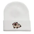 Cozy white winter knitted beanie hat featuring a cute embroidered cartoon capybara character - Adjustable / Lying Capybara Embroidery Style (w115 WH) / White Style 1