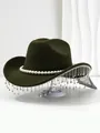 Detailed view of dark green felt hat with pearl band and rhinestone fringe decoration - M (56-58cm) / Army Green