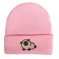 Pink winter knitted beanie featuring a cute embroidered cartoon Capybara character design - Adjustable / Lying Capybara Embroidery Style (w115 WH) / Pink Style 1