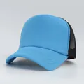 Detailed close-up shot of sky blue and black trucker cap with breathable mesh back - M (56-58cm) / Blue