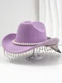 Detailed view of purple cowboy hat with elegant pearl band and shimmering rhinestone tassels. - M (56-58cm) / Light Purple