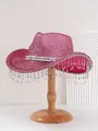 Detailansicht des rosa Pailletten-Cowboyhuts mit glitzernden Strass-Fransen für Partys. - M (56-58cm) / Rosa