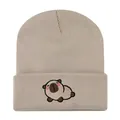 Stylish beige knitted beanie hat featuring a cute Capybara animal embroidery patch - Adjustable / Lying Capybara Embroidery Style (w115 WH) / Khaki Style 1