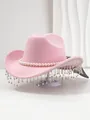 Elegant pink felt cowboy hat featuring a pearl band and sparkling rhinestone fringe detail - M (56-58cm) / Light Pink