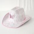 Rosa-weißer Cowboyhut mit Kuhmuster und Pailletten-Schmetterling für Damen. - M (56-58cm) / Rosa-Weißes Kuhmuster (Schmetterling)