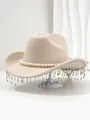 Detailed view of beige fedora hat with pearl band and hanging rhinestone tassels - M (56-58cm) / Beige