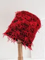 Detail view of the red frayed distressed knit texture on a stylish balaclava beanie - M (56-58cm) / Red