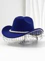 Royal blue felt fedora with pearl band and rhinestone fringe for parties. - M (56-58cm) / Sapphire Blue