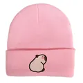 Stylish pink knitted beanie hat featuring a cute cartoon capybara embroidery detail - Adjustable / Head Capybara Embroidery Style (w115 WH) / Pink Style 2
