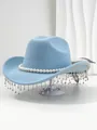 Detail shot of a light blue western hat featuring pearl bands and rhinestone tassels. - M (56-58cm) / Sky Blue