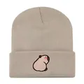 Beige knitted beanie hat featuring a cute cartoon capybara embroidery on the brim - Adjustable / Head Capybara Embroidery Style (w115 WH) / Khaki Style 2
