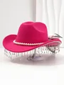 Close-up of pink western hat with elegant pearls and sparkling rhinestone tassel trim - M (56-58cm) / Rose Red
