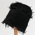 Stylish unisex black distressed shaggy knitted bucket hat for winter travel and fashion - M (56-58cm) / Black