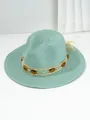 Detailed side view of a stylish teal woven straw Panama hat with amber bead band decoration - M (56-58cm) / Macaron Green
