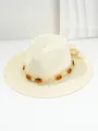 Detailed macro view of woven straw Panama sun hat with amber gemstone decoration - M (56-58cm) / Milky White