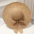 Damen Strohhut mit breiter Krempe, bunten Sprenkeln und einer großen khakifarbenen Schleife - M / Khaki