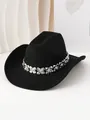 Detail of silver clover flower chain decoration on a black St. Patrick's Day cowboy hat - M (56-58cm) / Black