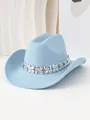 Detail of light blue cowboy hat with silver clover floral chain decoration. - M (56-58cm) / Sky Blue