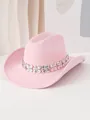 Primer plano de un sombrero vaquero de fieltro rosa con banda de tréboles de plata - M (56-58cm) / Rosa Claro