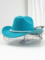 Detail of turquoise felt hat featuring elegant pearl trim and sparkling rhinestone tassels. - M (56-58cm) / Mint Blue