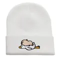 Cozy white knitted beanie hat featuring cute capybara and goose embroidery detail - Adjustable / Capybara on Duck Embroidery Style (w115 WH) / White Style 3