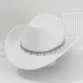 Sombrero vaquero blanco elegante con flecos de pedrería brillante y gotas de cristal - M (56-58cm) / Blanco