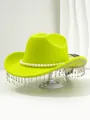 Close-up of vibrant neon yellow cowboy hat decorated with pearls and rhinestone tassels - M (56-58cm) / Neon Yellow