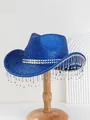 Glitzernder blauer Cowboyhut mit Strass-Fransen und Pailletten für Party und Tanz - M (56-58cm) / Saphirblau