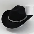 Sombrero vaquero negro con pedrería brillante y flecos de gemas en forma de gota de agua - M (56-58cm) / Negro