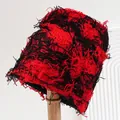 Red and black distressed knit balaclava beanie with shredded fringe detail - M (56-58cm) / Camouflage Red