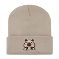 Unisex khaki knitted beanie hat featuring a cute cartoon Capybara embroidery detail - Adjustable / Front Face Capybara Embroidery Style (w115 WH) / Khaki Style 4