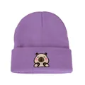 Purple knitted beanie hat featuring a cute embroidered capybara cartoon character design. - Adjustable / Front Face Capybara Embroidery Style (w115 WH) / Light Purple Style 4