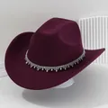 Elegante cappello da cowboy bordeaux decorato con frange di strass scintillanti e chic - M（56-58cm） / Borgogna