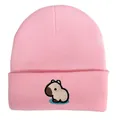 Pink winter knit beanie featuring a cute embroidered capybara character on the cuff. - Adjustable / Crying Capybara Embroidery Style (w115 WH) / Pink Style 5