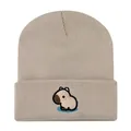 Beige knitted beanie hat featuring a cute embroidered Capybara cartoon logo - Adjustable / Crying Capybara Embroidery Style (w115 WH) / Khaki Style 5