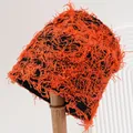 Distressed orange fuzzy knit beanie with black base on wooden stand - M (56-58cm) / Orange Red